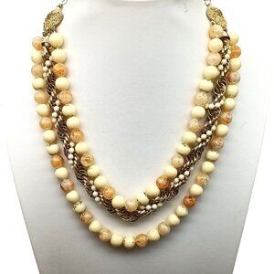 Vintage Multi-Strand Necklace with Cream & Beige Beads and Gold Tone Chain